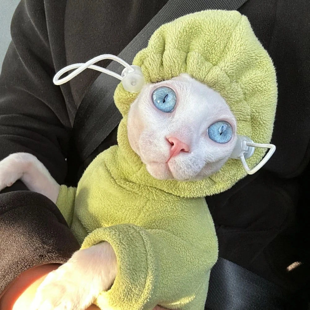 SphynxCozy™ Fleece Hooded Cat Sweater – Warm 4-Leg Jumpsuit