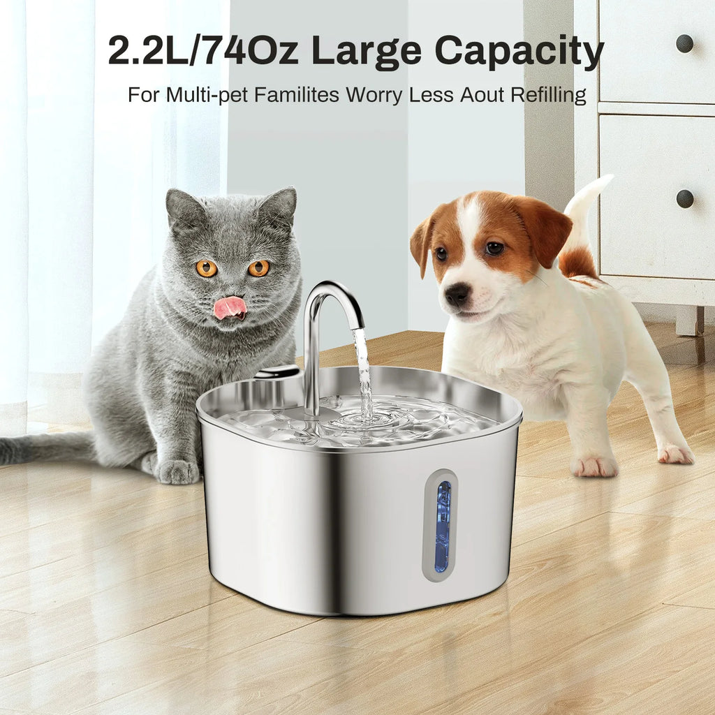 AquaPurr™ 2.2L Stainless Steel Pet Water Fountain – Ultra Quiet
