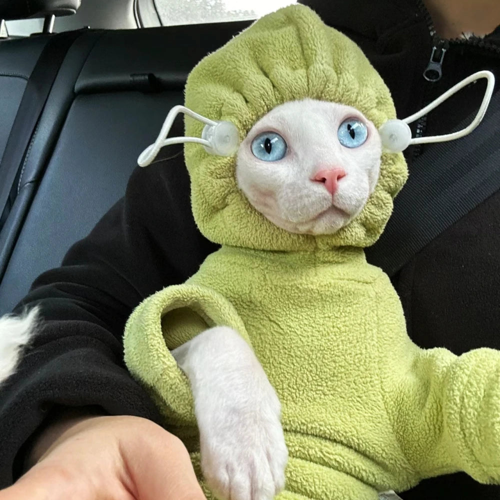 SphynxCozy™ Fleece Hooded Cat Sweater – Warm 4-Leg Jumpsuit