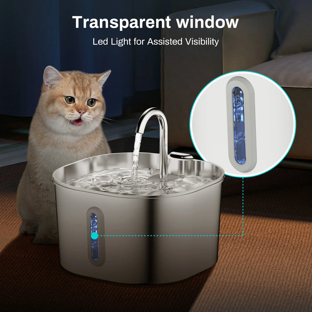 AquaPurr™ 2.2L Stainless Steel Pet Water Fountain – Ultra Quiet