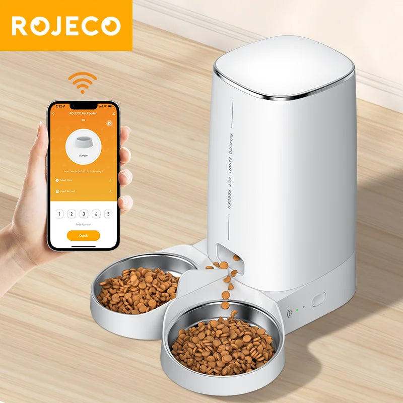 ROJECO Smart WiFi Automatic Pet Feeder – Dual Bowl Food Dispenser