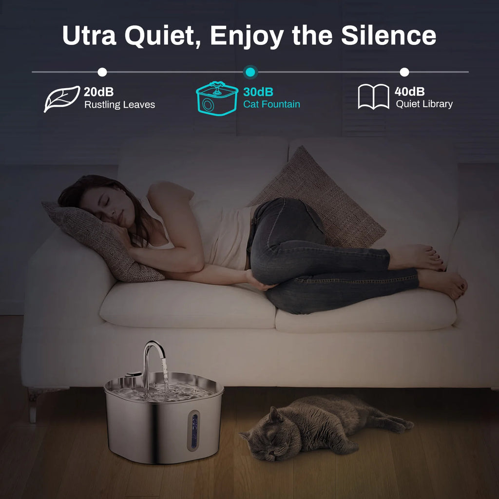 AquaPurr™ 2.2L Stainless Steel Pet Water Fountain – Ultra Quiet