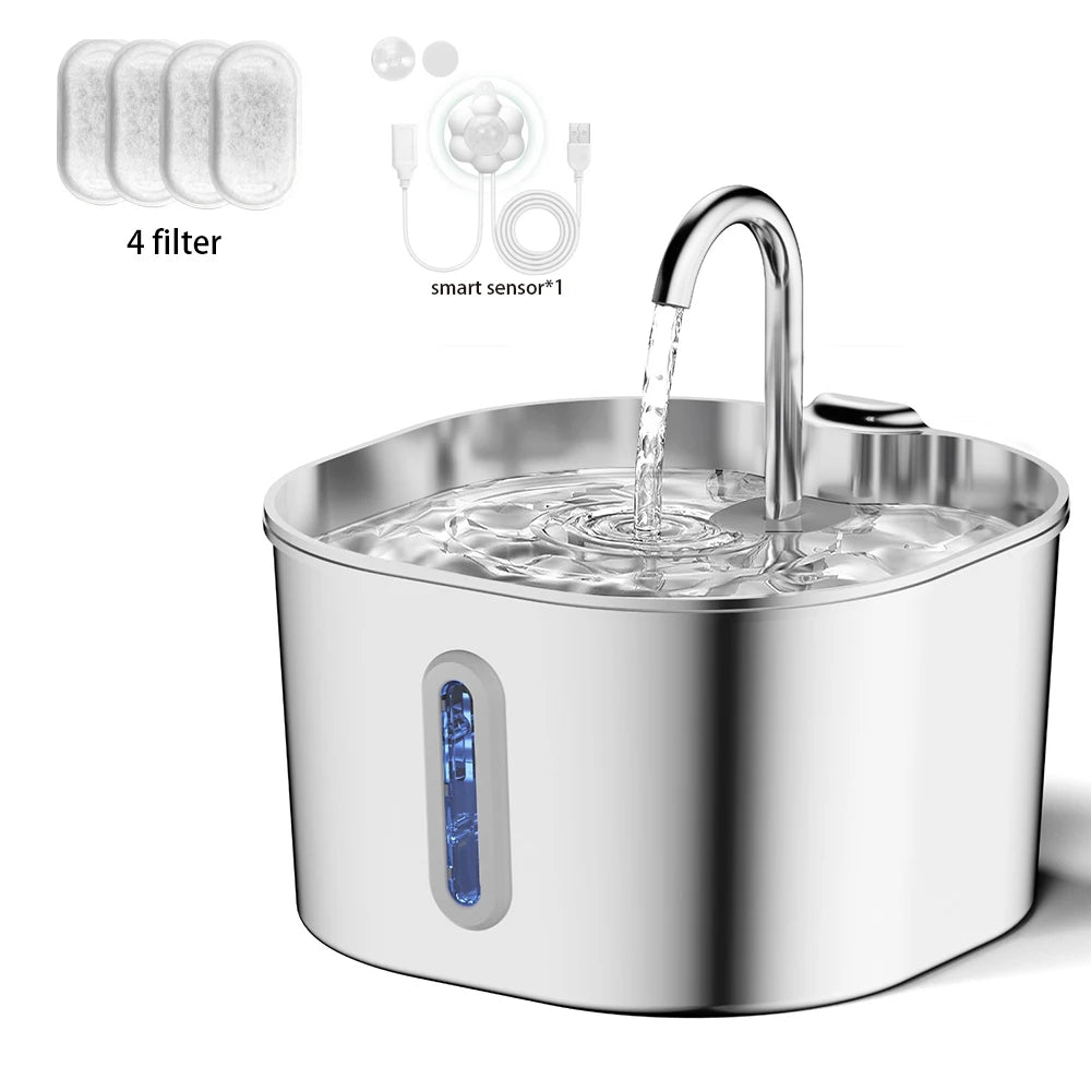 AquaPurr™ 2.2L Stainless Steel Pet Water Fountain – Ultra Quiet