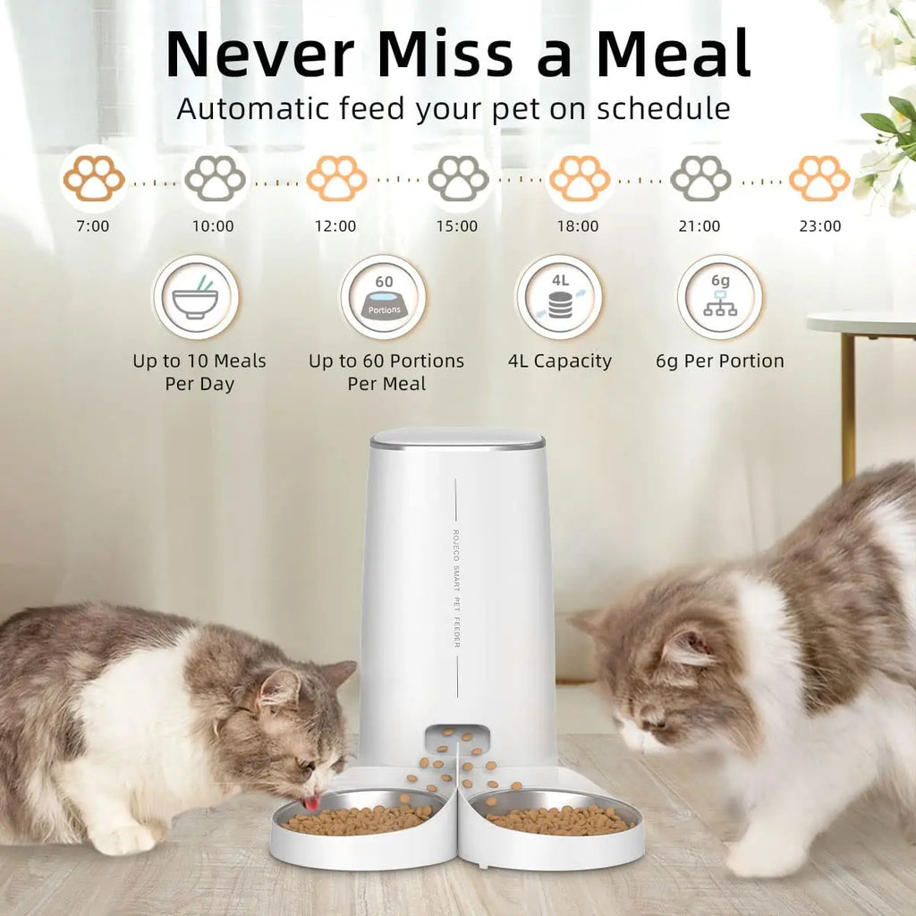 ROJECO Smart WiFi Automatic Pet Feeder – Dual Bowl Food Dispenser