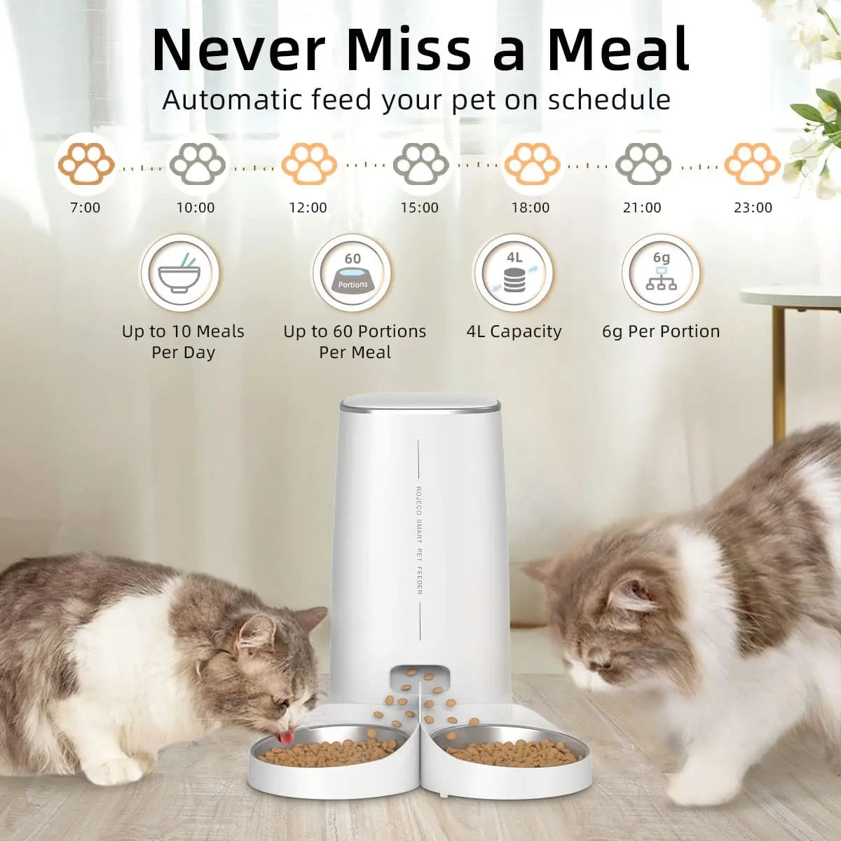 ROJECO Smart WiFi Automatic Pet Feeder – Dual Bowl Food Dispenser