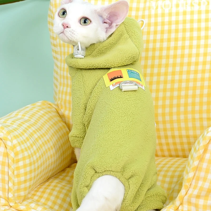 SphynxCozy™ Fleece Hooded Cat Sweater – Warm 4-Leg Jumpsuit